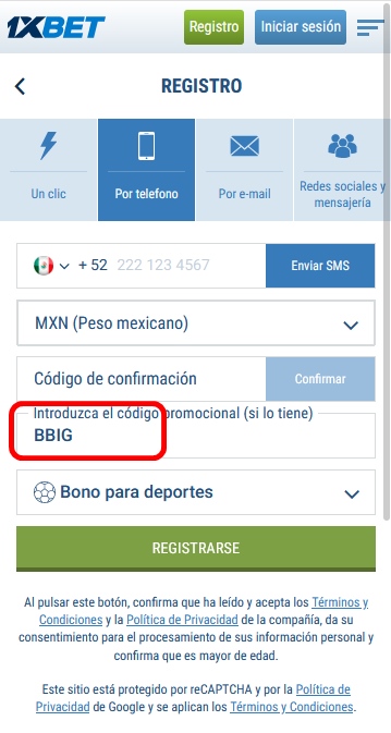 Formulario de inscripción 1xbet