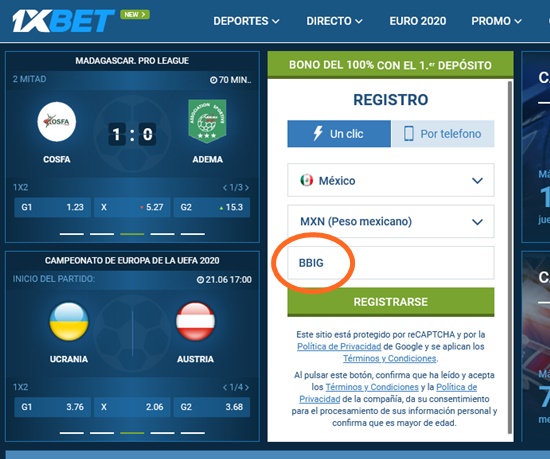 Formulario de inscripción 1xbet