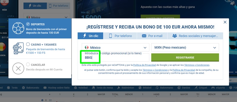 Formulario de inscripción 1xbet