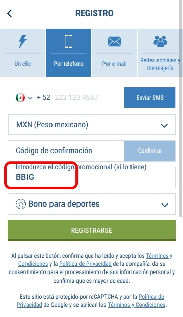 Formulario de inscripción 1xbet