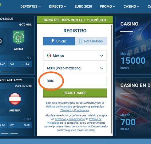 Formulario de inscripción 1xbet