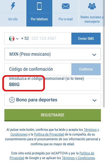 Formulario de inscripción 1xbet