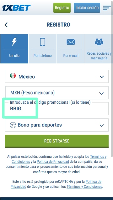 Formulario de inscripción 1xbet