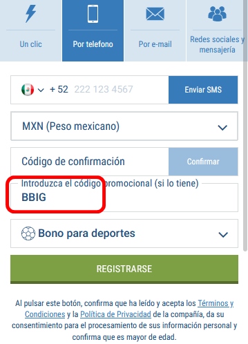 Formulario de inscripción 1xbet