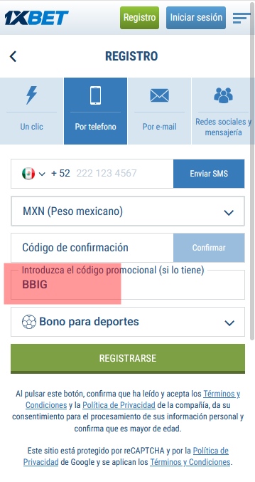 Formulario de inscripción 1xbet