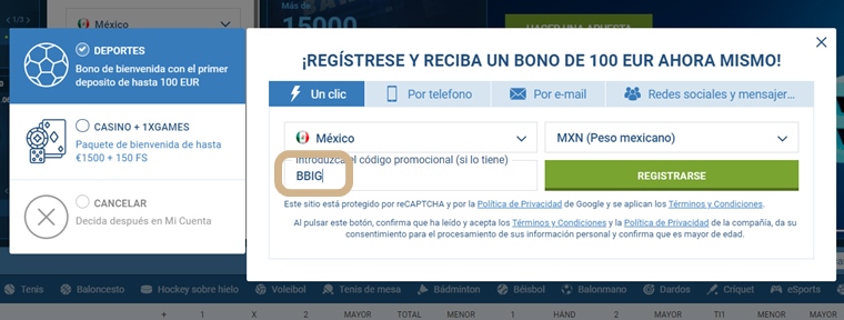 Formulario de inscripción 1xbet