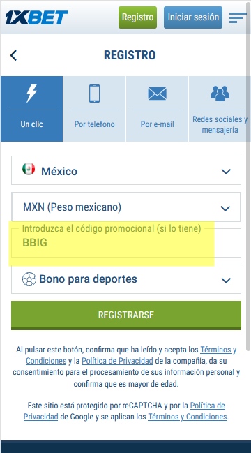 Formulario de inscripción 1xbet