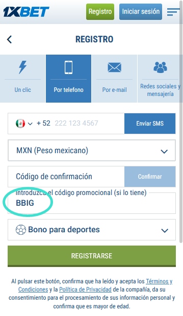 Formulario de inscripción 1xbet