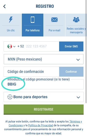 Formulario de inscripción 1xbet