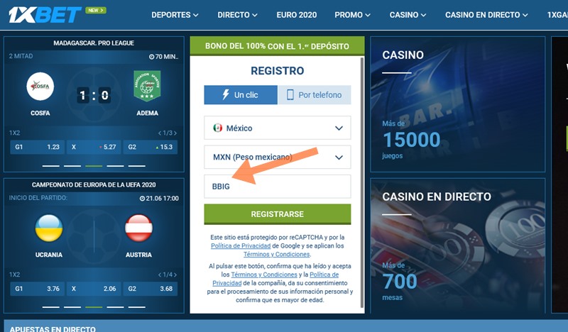 Formulario de inscripción 1xbet