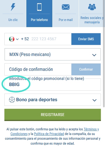 Formulario de inscripción 1xbet