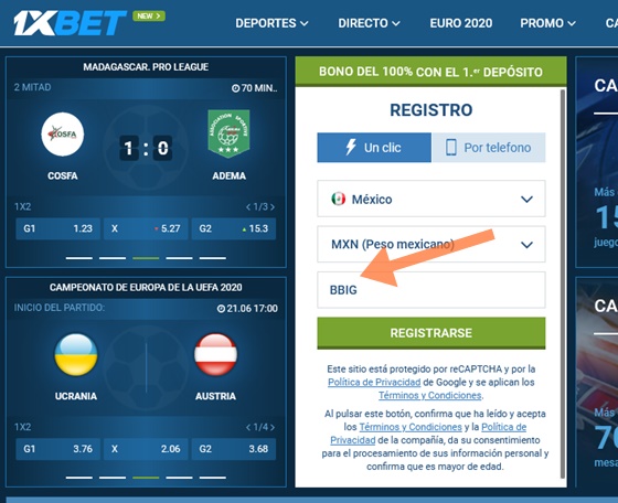 Formulario de inscripción 1xbet