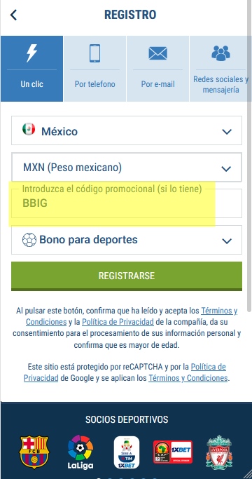 Formulario de inscripción 1xbet