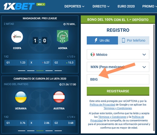 Formulario de inscripción 1xbet