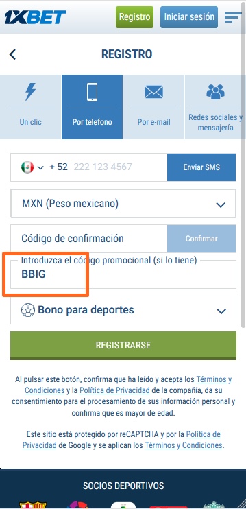 Formulario de inscripción 1xbet