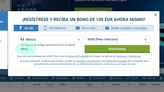 Formulario de inscripción 1xbet