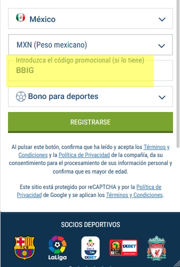 Formulario de inscripción 1xbet