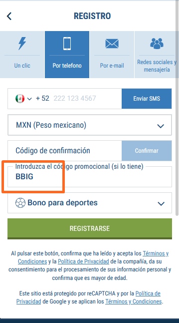 Formulario de inscripción 1xbet