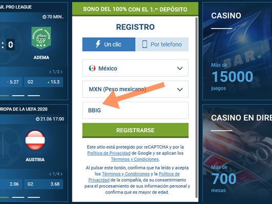 Formulario de inscripción 1xbet