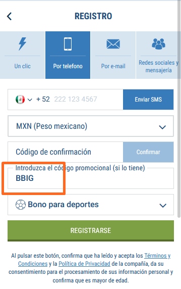 Formulario de inscripción 1xbet