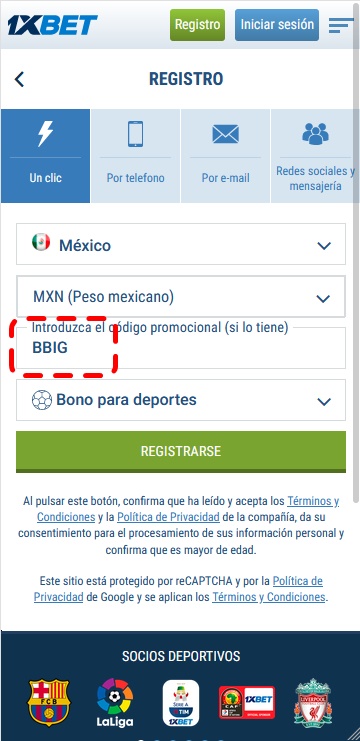 Formulario de inscripción 1xbet