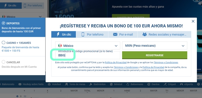 Formulario de inscripción 1xbet