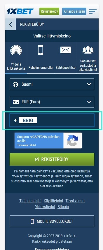 1xbet rekisteröintilomake