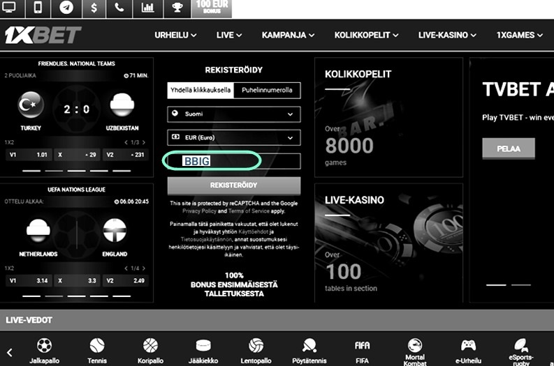1xbet rekisteröintilomake