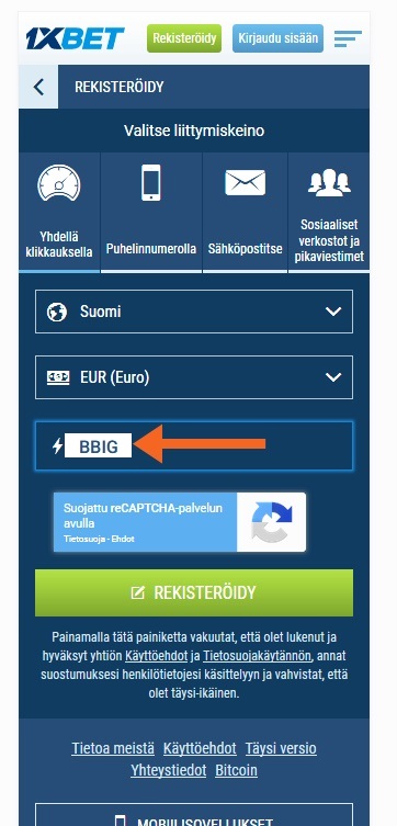 1xbet rekisteröintilomake