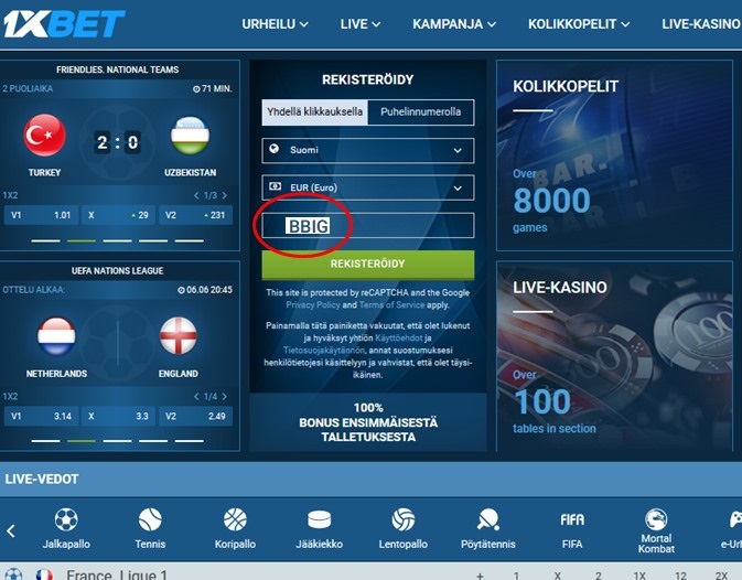 1xbet rekisteröintilomake