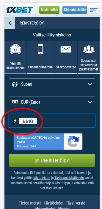 1xbet rekisteröintilomake