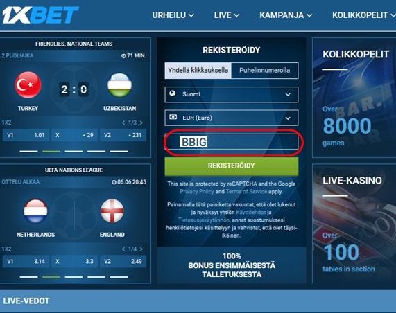 1xbet rekisteröintilomake