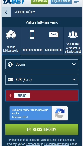 1xbet rekisteröintilomake