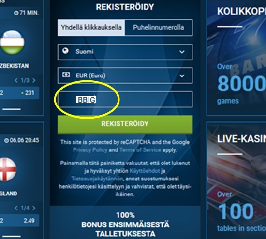 1xbet rekisteröintilomake