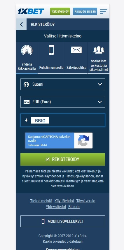 1xbet rekisteröintilomake