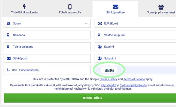 1xbet rekisteröintilomake