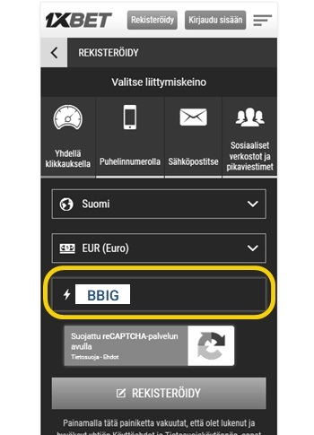 1xbet rekisteröintilomake