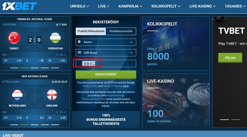 1xbet rekisteröintilomake