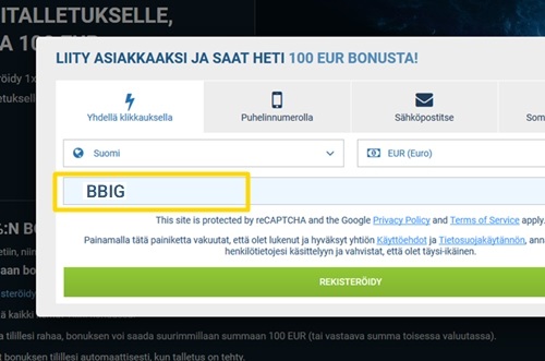 1xbet rekisteröintilomake