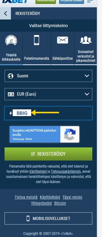 1xbet rekisteröintilomake