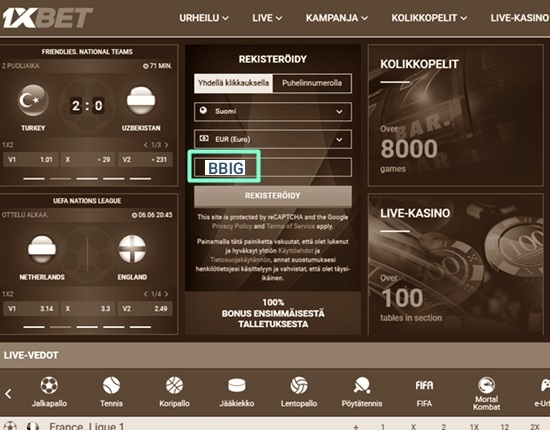 1xbet rekisteröintilomake