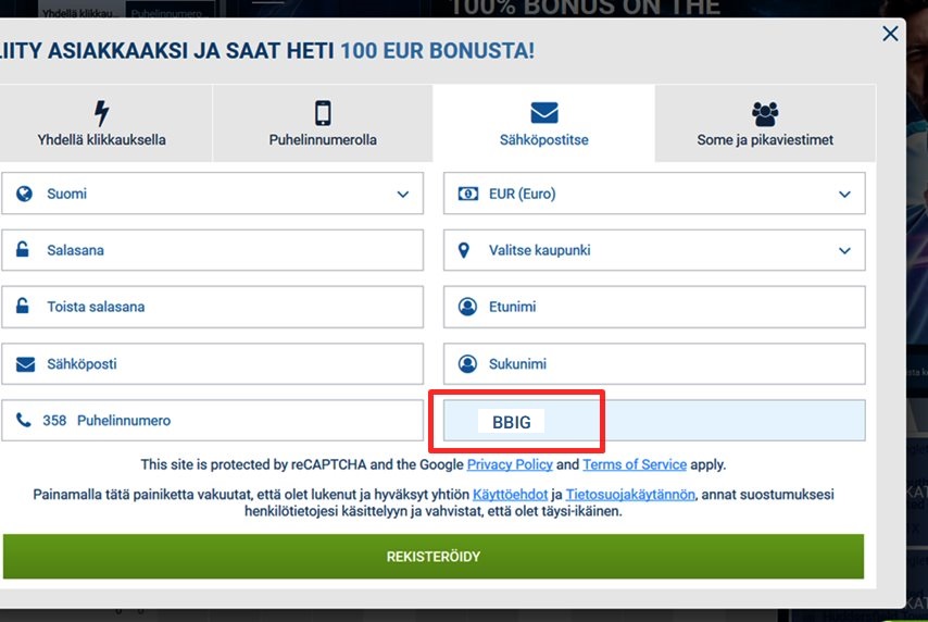 1xbet rekisteröintilomake
