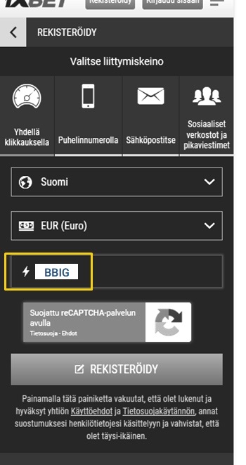 1xbet rekisteröintilomake