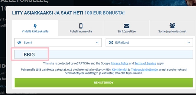 1xbet rekisteröintilomake