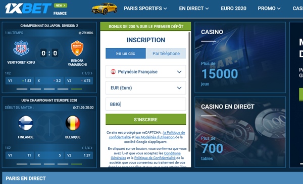 Formulaire d'inscription à 1xbet