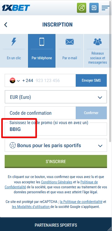 Formulaire d'inscription à 1xbet