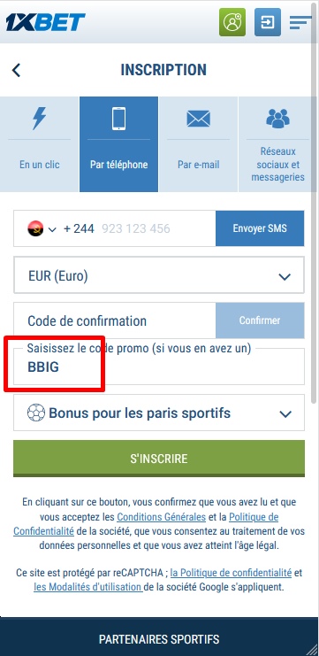 Formulaire d'inscription à 1xbet