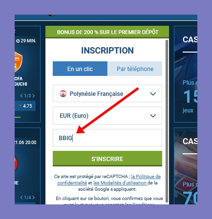 Formulaire d'inscription à 1xbet