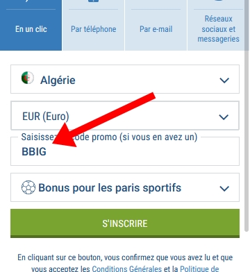 Formulaire d'inscription à 1xbet