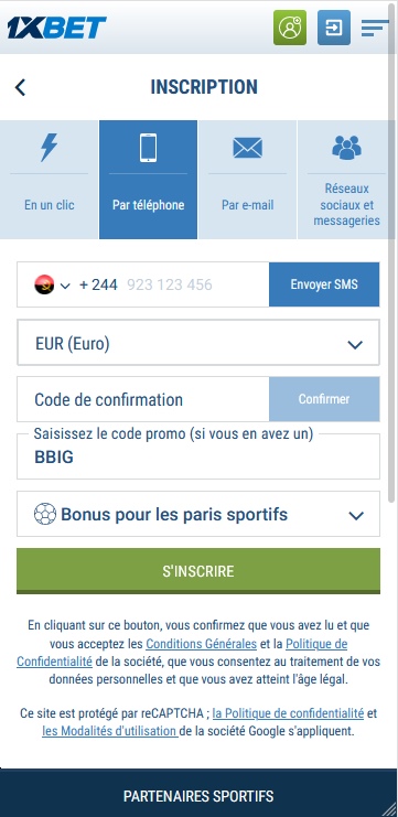 Formulaire d'inscription à 1xbet